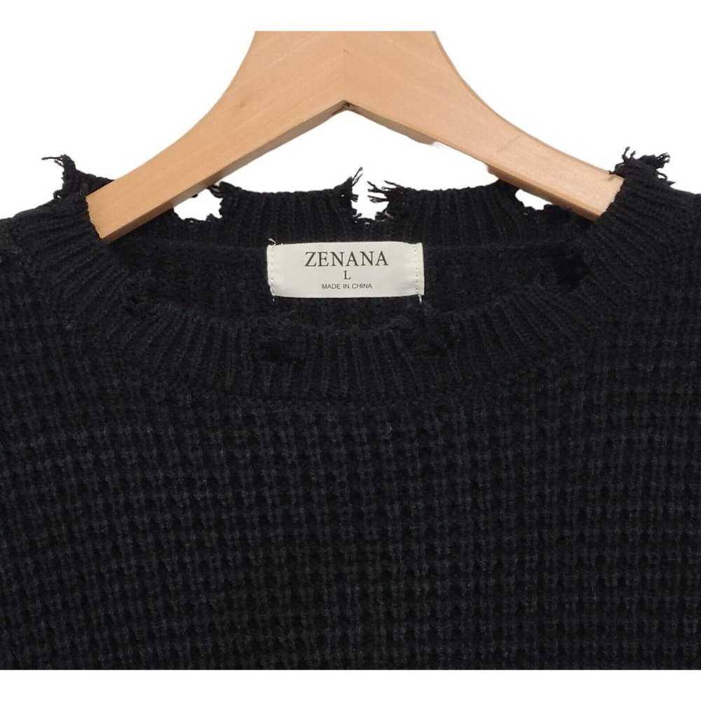 Zenana Sweater Womens Large Black Distressed Shaker Knit Pullover Boxy Fit - Picture 3 of 6